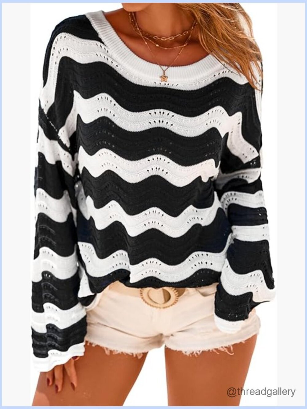Linen Blend Oversized Crochet Bell Sleeve Striped Beach Vacation Top